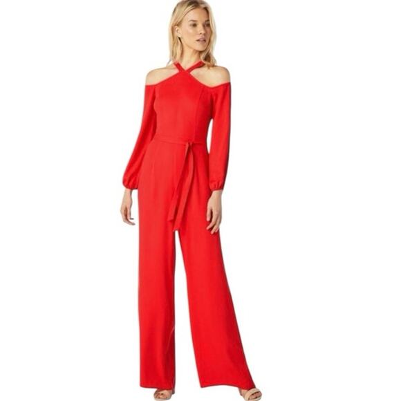 NWT Just Fab Cold Shoulder Wide Leg Halter Jumpsuit in Goji Berry Red Sz Large - Picture 1 of 16